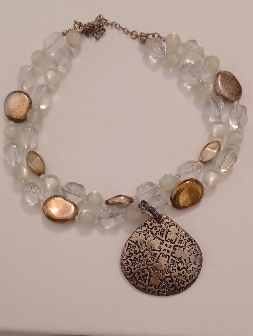 Premier Designs Double Strand Copper & Very Pale Greenish Blue Beads.